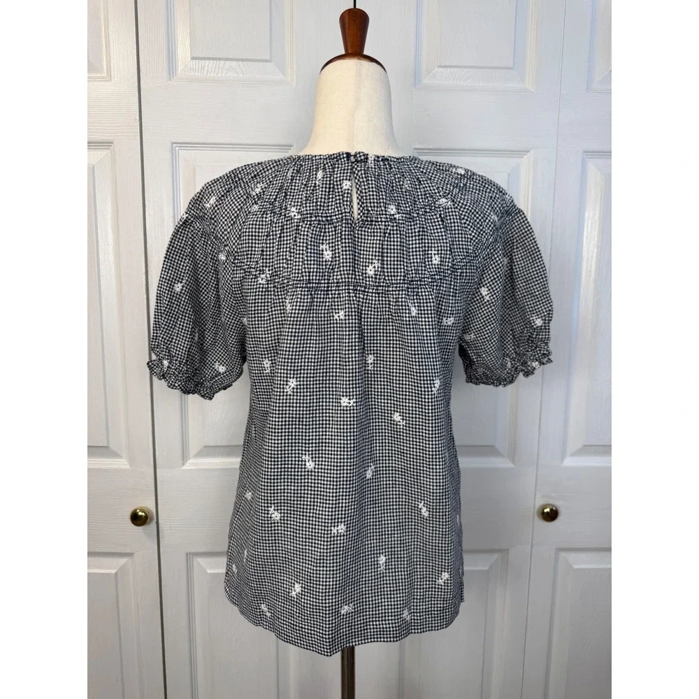 NEW Madewell Linen Blend Gingham Embroidered Floral Puff Sleeve Blouse Top S